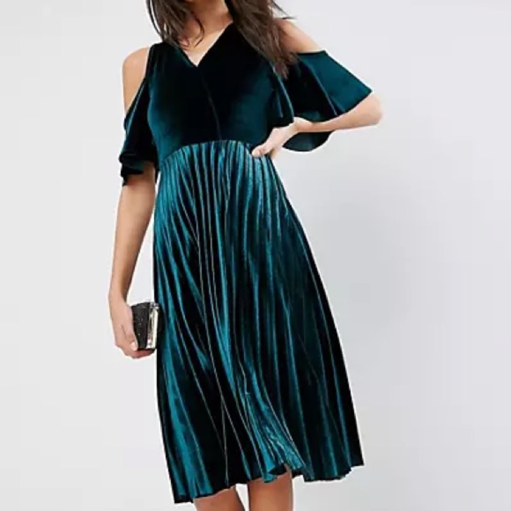 ASOS Emerald Velvet Cold Shoulder Pleated Dress
